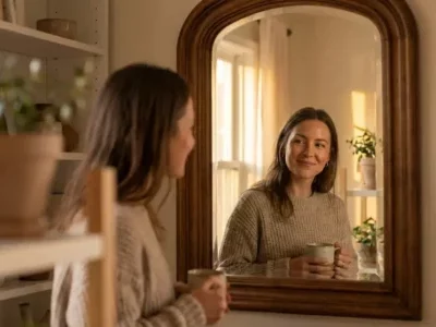 Femme souriante se regardant dans un miroir avec une tasse de café - illustration du regard bienveillant sur soi et de l'estime de soi