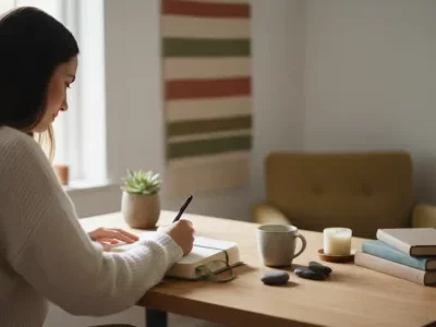 Femme écrivant dans un carnet à son bureau dans un intérieur chaleureux - illustration des exercices pratiques pour développer la confiance en soi au quotidien