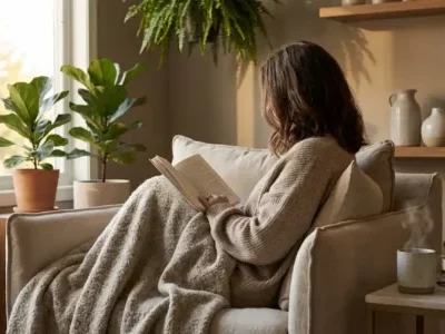 Femme lisant un livre confortablement installée dans un fauteuil cosy entourée de plantes - illustration de la lecture des livres sur l'ennéagramme pour mieux se connaître