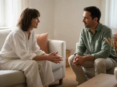 Homme et femme en conversation bienveillante et apaisée dans un salon lumineux - illustration de la communication non violente en couple