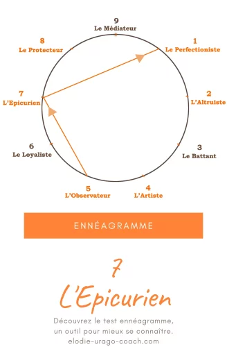 Schéma de l’ennéagramme avec les 9 types de personnalité, focus sur le type 7 l’épicurien. Illustration développement personnel et coaching.