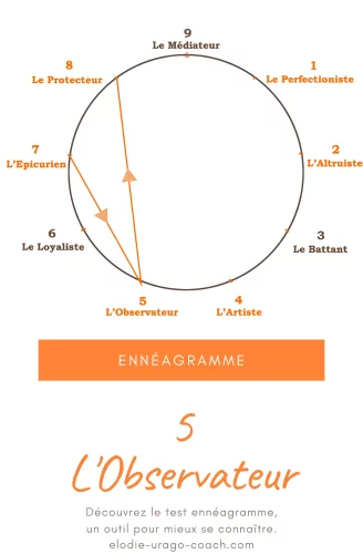 Ennéagramme Type 5 : l’Observateur, aussi appelé l’Investigateur ou le Penseur. Schéma de la figure de l’Ennéagramme avec les neuf profils.