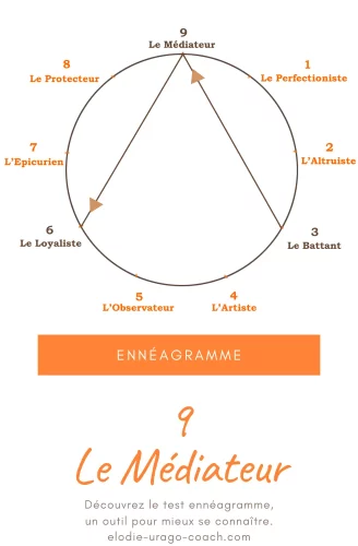 Ennéagramme (3) Schéma de l’ennéagramme avec les 9 types de personnalité, focus sur le type 9 le médiateur. Illustration développement personnel et coaching.